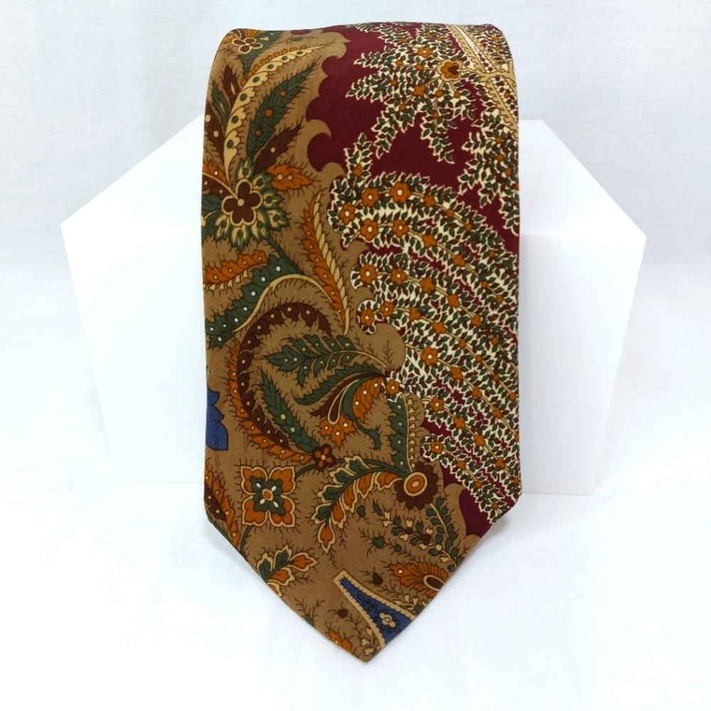 Vintage Polo Ralph Lauren‎ Hand Made Silk Neck Tie Burg/Tan Floral Italy 57"x4"